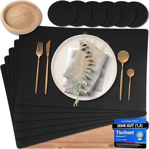 Mahewa® 6er Set Premium Tischset aus Kunstleder - Platzset abwaschbar und wasserdicht - Platzdeckchen Telleruntersetzer in Lederoptik (Schwarz, Eckig mit Halter)