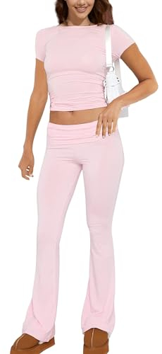 ROFUSSO Zweiteiler Damen Sommer Lounge Set Slim Fit Kurzarm Oberteile und Yoga Schlaghose Trainingsanzug Freizeit Outfit Fitness Sportkleidung Set