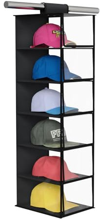 KEEGH Hutablage mit Staubschutz, Rundumschutz, 6 Ablagen, Hut-Organizer für Baseballkappen, sichtbarer Baseballkappen-Organizer, Huthalter für Schrank, transparent/schwarz