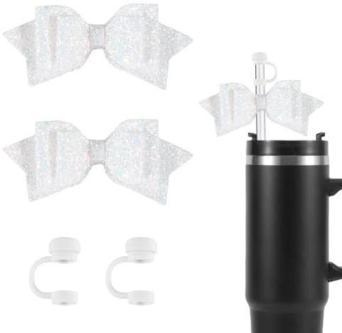 2pcs Bow Charms & 2pcs Straw Toppers, Cute Straw Cover Caps Decorations Decor Accessories for Stanley Cup (White)