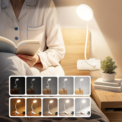 One Fire Leselampe Bett, 3600mAh Aufladbar+5 Helligkeit 5 Farben Klemmlampe Bett, 36 LED+360° Flexibel Schreibtischlampe Kinder, Nachttischlampe Touch Dimmbar, Tischlampe, Akku Lampe, Stilllicht