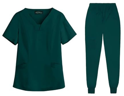 Meichoon Medical Scrubs Set Classic V-Ausschnitt Top mit Jogginghose mit Taschen Uniform Natural Skin Friendly DK06 Dark Green Large