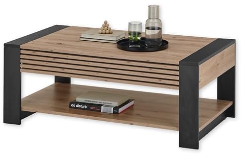 Stella Trading Felipe Couchtisch in Artisan Eiche Optik, Schwarz - Moderner Sofatisch mit Schublade für Ihr Wohnzimmer - 108 x 42 x 60 cm (B/H/T)