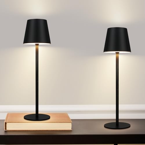 meoaow Tischlampe Akku Nachttischlampe Kabellos - Led Outdoor Tischleuchte 2600mhA Aussentischleuchte 2er set Aufladbar Touch Dimmbar Schwarz Akkulampe Batterie Nachttischleuchte USB Tisch für Garten