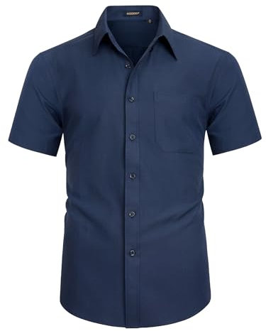 HISDERN Chemise Oxford À Manches Courtes Homme Bleu Marine Classique Coupe Régulière Chemisette Manch Courte Uni pour Homme avec Poche