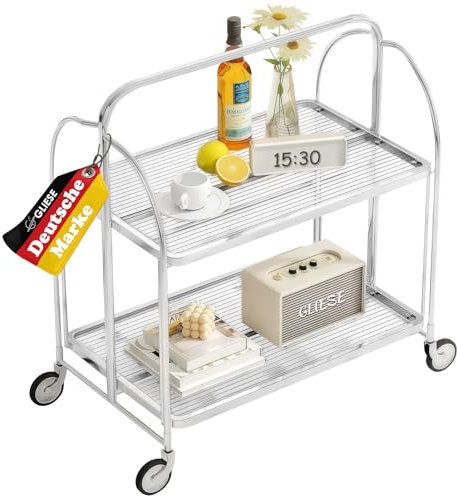 GLIESE Servierwagen Klappbar Mit Rädern,2 Tier Clear Tempered Glass,Mobiler Aufbewahrungs-Klappwagen,KüChenrollwagen, Barwagen Servierwagen,Teewagen,Weinwagen Servierwagen,GeträNkewagen