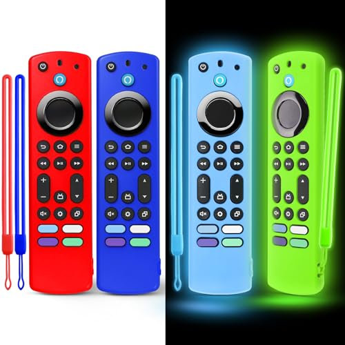 (4pcs) Silicone Remote Cover for Firestick 4K Max (2nd)/Insignia/Pioneer/Omni (QLED) Series Alexa Voice Remote Enhanced w/, Protective Case with Same Color Lanyard, Glow in The Dark
