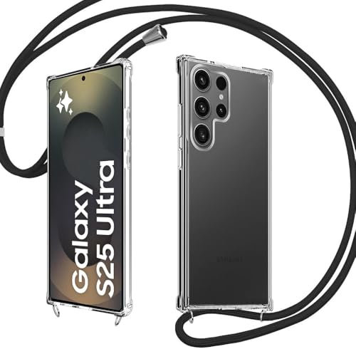 E-Lush Handyhülle für Samsung Galaxy S25 Ultra 5G Hülle mit Band, Transparent Silikon Handykette für Samsung S25 Ultra Schutzhülle mit Kordel, TPU Stoßfest Case zum Umhängen Necklace, Schwarz