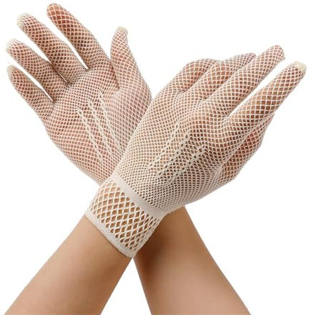 JekyTMP 1 Paar Kurz Netzhandschuhe Damen Fischnetz Handschuhe Mode Opernhandschuhen Spitzenhandschuhe Netz Armstulpen Netzärmel Rock Handschuhe Fishnet Gloves für Hochzeiten Opern Prom (Creme)
