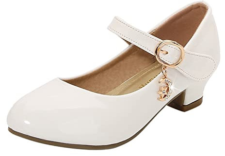Scarpe da principessa da bambina con tacco alto, Mary Jane Party Pumps, scarpe singole per bambini, scarpe da ballo in pelle, scarpe da ballo per bambini, scarpe in pelle, bianco, 36 EU