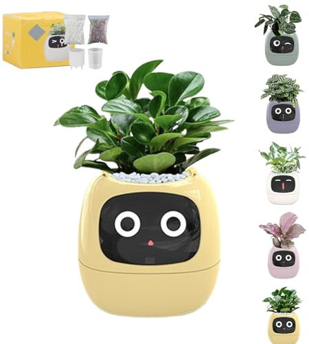 Smart Plant Pot with Expression, Smart Planter for Plants for Indoor Decoration, Smart Flowerpots with Numerous Expressive Animations (Yellow)