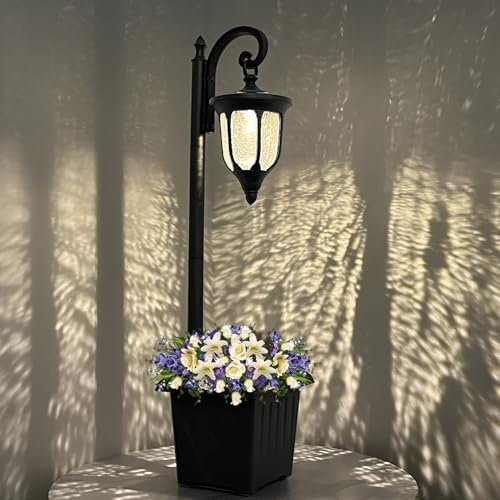 Yonaveil Solar Lamp Post Light with Planter, Outdoor Solar Lights with Crackle Glass, Matte Black Outdoor Flower Pots, 2 in 1 Solar Post Lights Waterproof for Porch Garden Patio