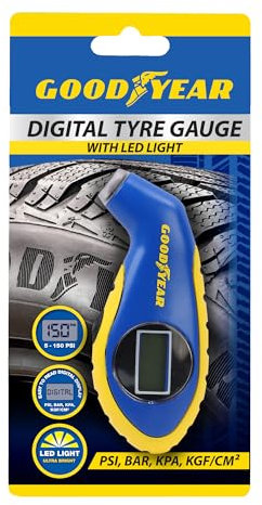 Goodyear Manometro digitale per pneumatici con display LCD, misurazione precisa da 0 a 150 psi, compatto e portatile, ideale per auto, moto e biciclette, design durevole ed ergonomico