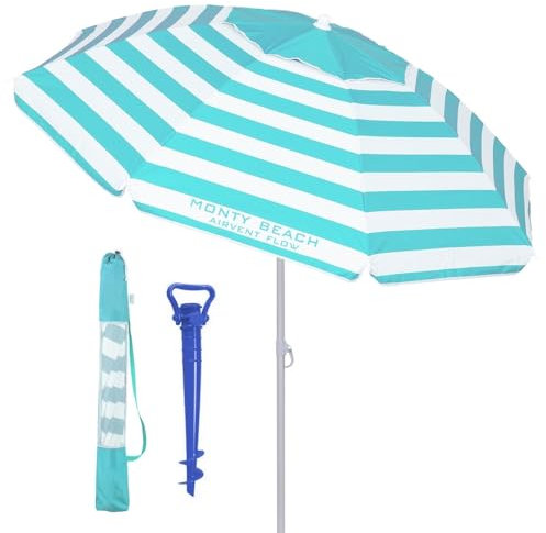LOLAhome Sombrilla playa 220 cm y soporte arena, protección UV+50, sombrilla antiviento, varillas flexibles fibra vidrio, techo ventilación, mástil inclinable y regulable altura, bolsa transporte