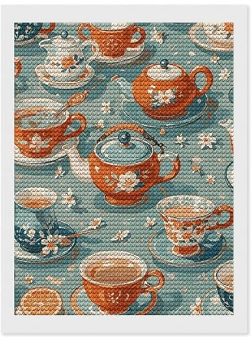RTFGHJS Teapot and Mug Diamond Painting Kit - 12x16 DIY Canvas Art Decor with Drill Pen, Tray & Wax, Waterproof Sparkling Wall Craft for Home Decor, Birthdays, Christmas
