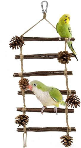 Jevnd Multi-Level Bird Ladder for Cage with Pinecone Chew Toys, Large Wooden Parrot Toys Ladder for Multiple Birds Climbing, Chewing, and Playing, Natural Hardwood Perch for Cockatiels and Parakeets