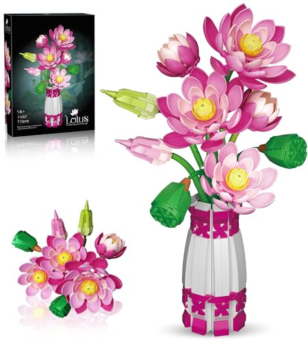 BrixVibe Lotus Building Set Flowers Bouquet with Vase Botanical Collection for Women Adults Girls 14 Years & Up Home Office Decor