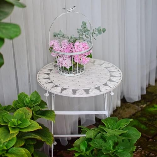 Klappbarer Terrassen-Beistelltisch dekorative Gartenhocker für drinnen und draußen, robuster Couchtisch aus Metall, moderner Beistelltisch, wetterbeständiger Bistrotisch, Pflanzenständer weiß