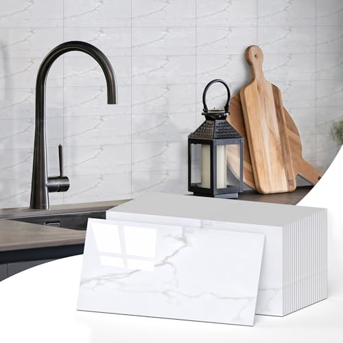 Vieshful Lot De 25 Carreaux Adhésif Cuisine 10x20 cm, Carrelage Adhésif PVC Effet Marbre, Crédence Adhésive Imperméable Et Résistante Chaleur Pour Cuisine, Salle De Bain, Buanderie, Cheminée Blanc
