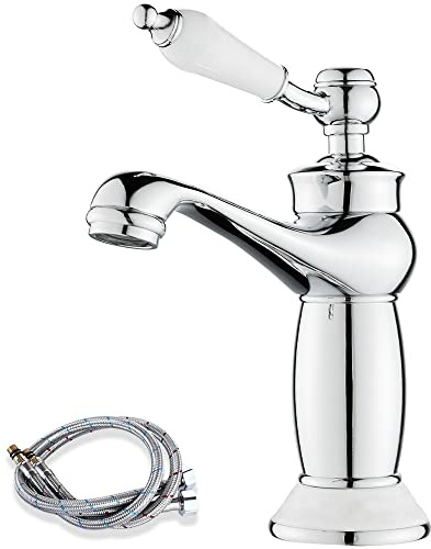 Wasserhahn Bad, Retro Viktorianische Waschtischarmatur, Messing, Chrom | Traditioneller Stil, Keramikgriff, Vintage Einhand Waschtischbatterie mit Flexible Schläuche