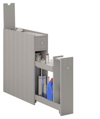 Livhome Slim Bathroom Storage Cabinet, Narrow Toilet Floor Cabinet with Drawer, Slide-Out Shelf & Lid Compartment, Slimline Bathroom Storage for Small Spaces & Toilets (Grey)