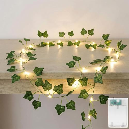 AebeChun 2M 20LED Efeu Lichterkette Künstlich, Efeugirlande Lichterkette Batterie mit Timer, Blumengirlande Hängend Pflanzen Deko für Garten, Balkon, Hochzeit, Party