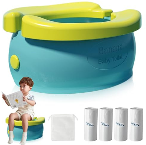 Töpfchen Für Kinder, Tragbar Reisetöpfchen mit Reisetasche und 100 Stück Müllsäcke, Ergonomisch Kindertöpfchen Baby, Reisetöpfchen Faltbar, Mobile Toilette Kinder Für Jungen Mädchen (Blau)