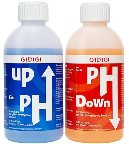 GIDIGI pH Regler Set pH Plus & Minus 2×250ml, pH Up & Down für Hydroponik Aquaponik Erde, Komplett Set mit Pipette Messbecher Teststreifen, pH Wert Einstellung 5,5–6,5