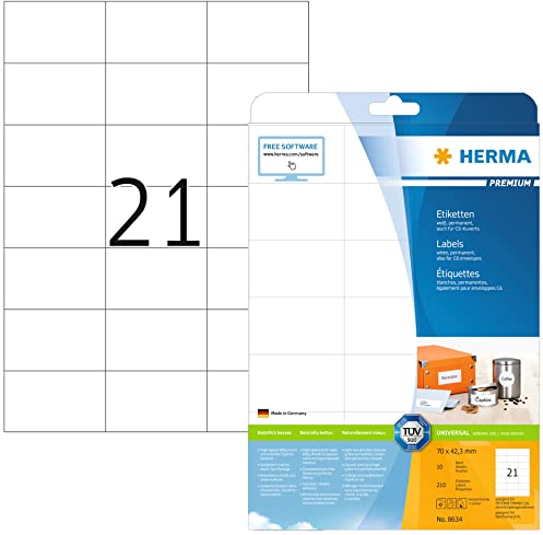 HERMA 8634 Adressetiketten, 10 Blatt, 70 x 42,3 mm, 21 pro A4 Bogen, 210 Stück, selbstklebend, bedruckbar, matt, blanko Papier Adressaufkleber Etiketten, weiß