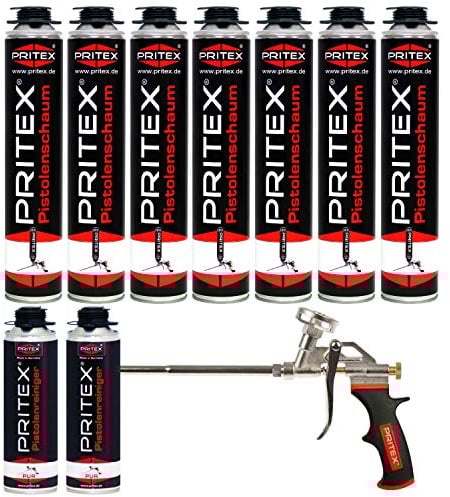 PRITEX – Bauschaum Set aus 7 x 750 ml Pistolenschaum inkl. 2 x 500 ml Pistolenreiniger und Schaumpistole – Montageschaum zum Verfüllen, Dämmen & Abdichten – PU-Schaum mit hervorragender Wärmedämmung