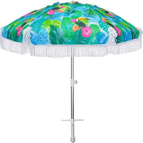 AMMSUN Sombrilla para playa de 198 cm, alta resistencia a los vientos fuertes, con flecos, anclaje para arena, ventilación, inclinación, parasol portátil, FPS 50+, sombrilla cortavientos para