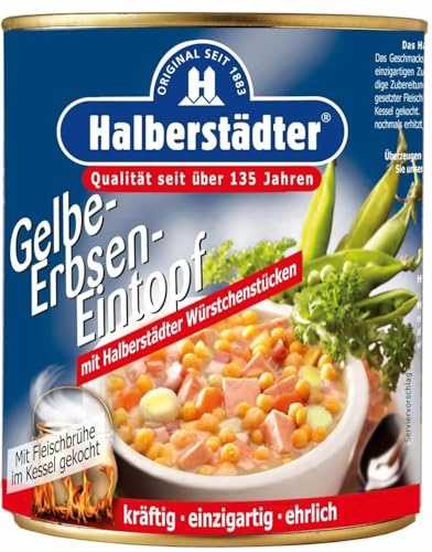 Halberstädter Gelbe Erbsen-Eintopf 800g - Deftiger Erbseneintopf mit Wurst | Herzhafter Eintopf mit Schälererbsen und Kartoffeln im Kessel gekocht, inkl. DDR Kochbuch und Geschenkkarte im Set