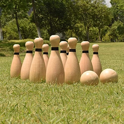 Riesiges Rasen-Bowling-Spiele für Familie Kinder und Erwachsene Hinterhof Kegel Holz Hofspiel Hartholz Set mit 10 Pins 22,6 cm 2 Kugeln 8,6 cm