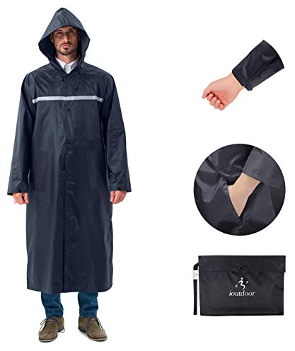 ioutdoor Regenmantel 100% Wasserdicht, der Extra Lange Regenschutz mit Taschen/Reflexstreifen/Kordelzughauben/Reißverschluss/Knopf, 3 Farben, 3 Größen, XL
