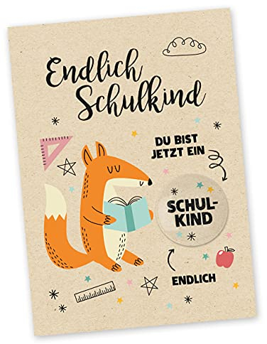 Papierdrachen Postkarte mit Button | Endlich Schulkind zum Verschicken und Verschenken | Design Fuchs | 35mm Button bedruckt mit Schulkind