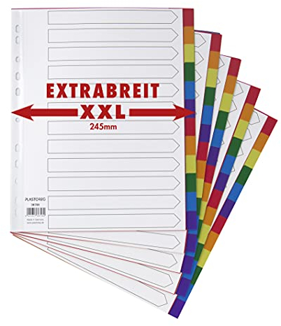 5er Set XXL 12-teiliges Register/Trennblätter extra breit aus buntem stabilem PP, DIN A4+ mit Deckblatt aus stabilem Papier zum Beschriften. Trenn-Blätter überbreit für die Ordner-Organisation im Büro