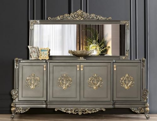 Casa Padrino Luxus Barock Möbel Set Grau/Gold - 1 Sideboard mit 4 Türen & 1 Spiegel - Edle Barock Möbel - Edel & Prunkvoll