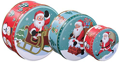 Christmas Cookie Tine Set of 3, Large Round Cake Storage Tins Christmas Tinplate with Lids Cookie Containers for Storing Candies Biscuits
