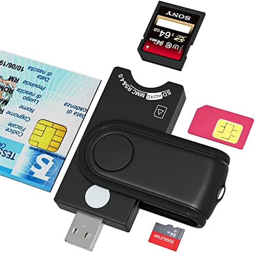 4 en 1 Lecteur de Carte SIM, Lecteur de Carte D'identité Belge, Lecteur de Carte SD & Micro SD, Lecteur Carte à Puce pour DOD Militaire Accès Commun CAC/SIM/ID/IC, Compatible avec Windows/Vista
