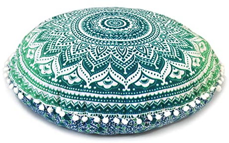 Runder Mandala-Bodenkissenbezug, Sitzkissen, Überwurf, Hippie, dekorativer Bohemian-Pouf-Bezug, Pompom-Kissenbezüge, Boho-Indisch, 55,9 cm (grün)