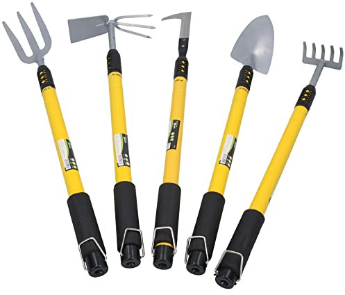 Rastrello, forchetta, sarchiatore, pala e zappa da giardino, con manici telescopici, 63,5 cm - 94 cm, 5 pezzi