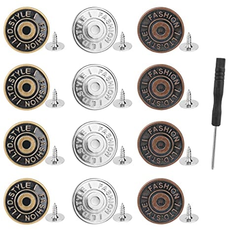 Vicloon Hosen Ersatz Knöpfe,12 Stück verstellbare Jeansknöpfe mit Schraubendreher,17 mm Button Pins Jeans mit Nieten, DIY Jeansknopf zur Reparatur von Jeans, Hose-3 Farben