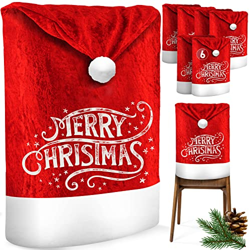 KESSER® Premium Weihnachtsstuhlüberzug 6er Set Stuhlhussen für Weihnachten Nikolausmütze Stuhlbezug Husse Weihnachtsdeko für Stühle Überzieher - Stuhlabdeckung im weihnachtlichen Design