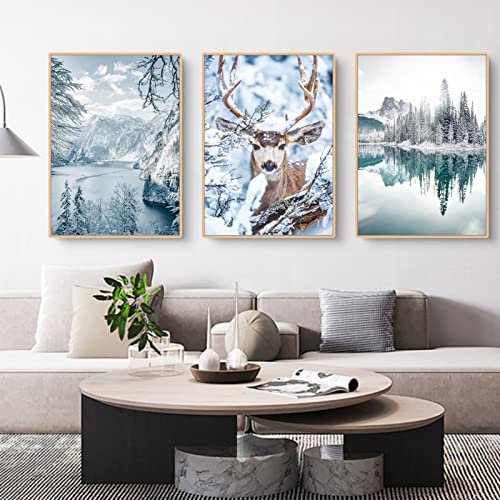 Martin Kench 3er Poster Set, Winter-Schneelandschaft Bilder, Elch, Holzhaus, Wald Wandkunst Wandbilder, Modern Wanddeko für Wohnkultur, ohne Rahmen (D,50x70cm)