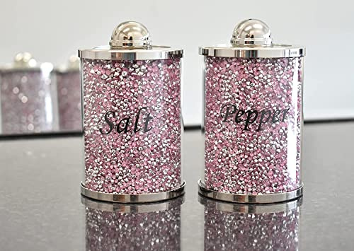 Biznest Pink Diamond Crushed Salt & Pepper Canisters Jars Storage Pink & Silver Crystal Display Gift Present For All Occassion Home Decor