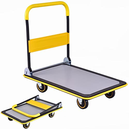 GiantexUK Folding Hand Sack Truck, 150KG/300KG Capacity Heavy Duty Platform Trolley with Wheels & Handle, Flatbed Dolly Cart for Home Office Shop Garage Warehouse (91x61x89cm, 300KG, Yellow+Black)