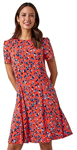 Roman Originals Panelled Ditsy Floral Print Dress for Women UK - Ladies Spring Everyday Summer Holiday Round Neckline Comfy Short Sleeve Soft Frock Stretch Jersey Gowns - Orange - Size 18