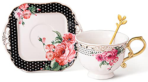 fanquare Tazza da Tè e Piattino da Caffè con Fiori, Set di Tazze da Tè in Porcellana Britannica, Tazza da Caffè Vintage con Bordo Dorato, Nero