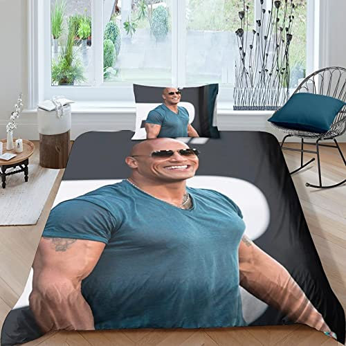 CIFEAR The Rock Bettwäsche 3D Bettbezug, Dwayne Johnson Set Bettwäsche Set Bettbezüge Mikrofaser Bettbezug Mit Reißverschluss Und Kissenbezug Single(135x200cm)