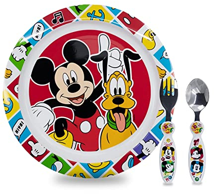Sorrisini Ensemble de vaisselle réutilisable pour enfants, Set de table pour enfant, assiette et couverts en acier inoxydable, Services pour Enfant, Mickey Mouse